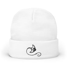 Load image into Gallery viewer, White beanie with a black embroidered design on a white background