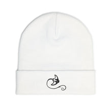 Load image into Gallery viewer, White beanie with a black logo on a white background