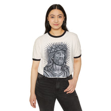 Load image into Gallery viewer, Woman wearing a t-shirt with a graphic design of a bearded figure on a white background
