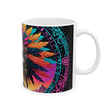 Load image into Gallery viewer, A hand holding a ceramic mug with a colorful geometric pattern design.