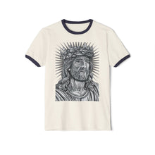 Load image into Gallery viewer, T-shirt with a graphic of a bearded figure wearing a crown of thorns on a white background