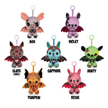 Load image into Gallery viewer, Set of colorful bat-themed plush keychains with names on a white background