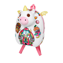 Load image into Gallery viewer, Colorful unicorn-shaped backpack with candy-themed design on a white background