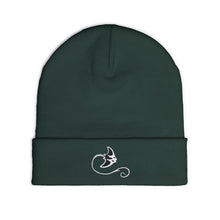 Load image into Gallery viewer, Dark green beanie with a white logo on a white background