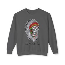 Load image into Gallery viewer, Gray sweatshirt with a skull wearing a headdress design on a white background