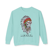 Load image into Gallery viewer, Light blue sweatshirt with a skull wearing a headdress design on a white background