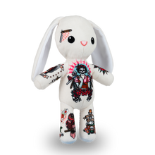 Load image into Gallery viewer, Plush toy rabbit with tattoo designs on a white background