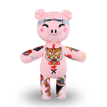 Load image into Gallery viewer, Pink plush toy pig with tattoos and 'Pork Chop' headband