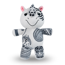 Load image into Gallery viewer, White plush toy with black patterns and measurements