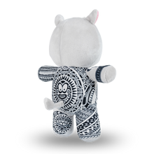 Load image into Gallery viewer, White plush toy with black patterns and measurements