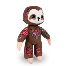 Load image into Gallery viewer, Stuffed sloth toy with floral patterns and measurements