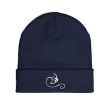 Load image into Gallery viewer, Navy blue beanie with a white embroidered design on a white background