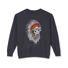 Load image into Gallery viewer, Navy blue sweatshirt with a skull design wearing a headdress on a white background