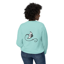 Load image into Gallery viewer, Person wearing a light blue sweatshirt with a black and white design on the back, standing against a white background.