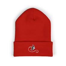 Load image into Gallery viewer, Red beanie with a black and white logo on a white background