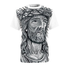 Load image into Gallery viewer, T-shirt with a black and white graphic of a religious figure wearing a crown on a white background