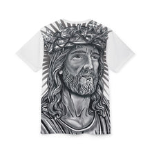 Load image into Gallery viewer, White t-shirt with a black and white graphic of a bearded man wearing a crown of thorns on a white background