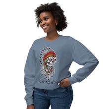 Load image into Gallery viewer, Woman wearing a gray sweatshirt with a colorful skull design on a white background
