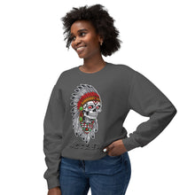 Load image into Gallery viewer, Woman wearing a gray sweatshirt with a colorful skull design on a white background