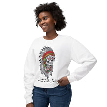 Load image into Gallery viewer, Woman wearing a white sweatshirt with a colorful skull design on a white background