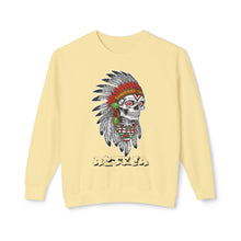 Load image into Gallery viewer, Yellow sweatshirt with a skull and headdress design on a white background