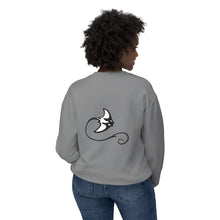 Load image into Gallery viewer, Person wearing a gray sweatshirt with a black and white design on the back, standing against a white background.