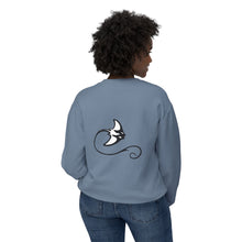 Load image into Gallery viewer, Person wearing a light blue sweatshirt with a black and white design on the back, standing against a white background.
