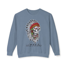Load image into Gallery viewer, Blue sweatshirt with a skull wearing an Indian headdress design on a white background