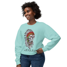 Load image into Gallery viewer, Woman wearing a light blue sweatshirt with a colorful skull design on a white background