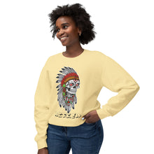 Load image into Gallery viewer, Woman wearing a yellow sweatshirt with a colorful skull design on a white background