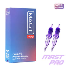 Load image into Gallery viewer, A box of Mast Pro tattoo cartridge needles alongside two individual needles with purple and clear coloring.