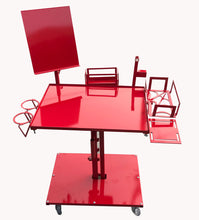 Load image into Gallery viewer, A red tattoo taboret with various attachments and a square metal plate top, set against a white background.