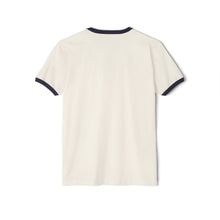 Load image into Gallery viewer, White t-shirt with navy trim on a white background
