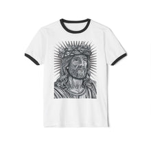 Load image into Gallery viewer, White t-shirt with black ringer design of a religious figure on a white background
