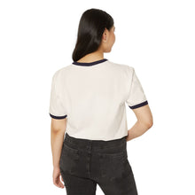 Load image into Gallery viewer, Woman wearing a white t-shirt with navy trim and black pants on a white background

