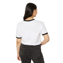 Load image into Gallery viewer, Person wearing a white t-shirt with black trim and dark jeans on a white background
