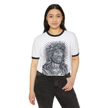 Load image into Gallery viewer, Woman wearing a white t-shirt with a graphic design of a bearded figure, possibly Jesus, on a plain background.
