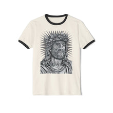 Load image into Gallery viewer, T-shirt with a black and white graphic of a bearded figure wearing a crown of thorns on a white background
