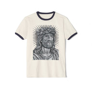 T-shirt with a graphic of a bearded figure wearing a crown of thorns on a white background