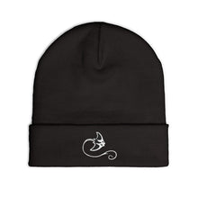 Load image into Gallery viewer, Black beanie with a white embroidered design on a white background
