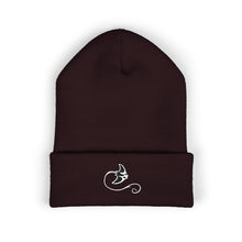 Load image into Gallery viewer, Brown beanie with a white embroidered design on a white background
