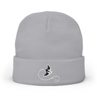 Gray beanie with a black and white embroidered design on a white background