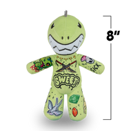 Green plush toy with graffiti-style designs on a white background, featuring a measurement of 8 inches.