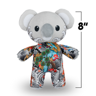 Plush koala toy with a colorful pattern on a white background