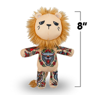 Plush lion toy with tattoos on a white background, showing a measurement of 8 inches.