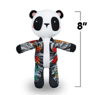 Plush panda toy with colorful patterns on a white background