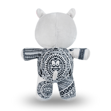 Load image into Gallery viewer, White plush toy with black patterns and measurements
