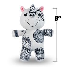 Load image into Gallery viewer, White plush toy with black patterns and measurements
