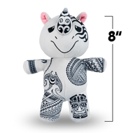 White plush toy with black patterns and measurements