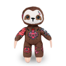 Load image into Gallery viewer, Stuffed sloth toy with floral patterns and measurements 
